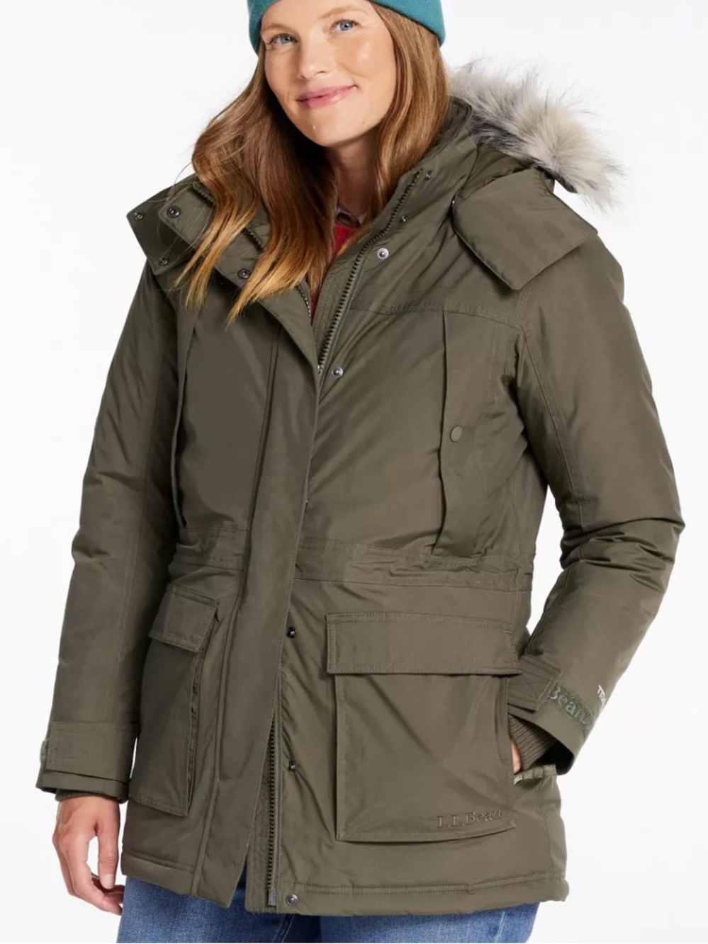 L.L. Bean Olive Green Insulated jacket  Faux Fur Trim Baxter state parka
